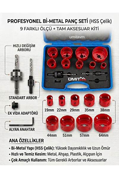 ÜMİTAVM Profesyonel 13 Parça Bi-Metal Panç Seti HSS Çelik Metal Ahşap Buat Aç...