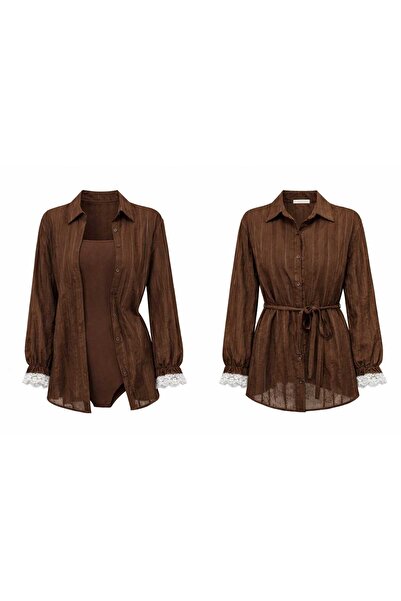 Foola Moda Çizgili Gömlek Body Hediyeli Kadın Gömlek Takım Bel Bağlamalı Şık ...