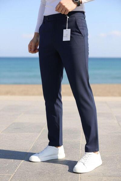 Ser Joven Men's Navy Blue Slim Fit Lycra Side Pocket Ankle Length Plain Fabri...