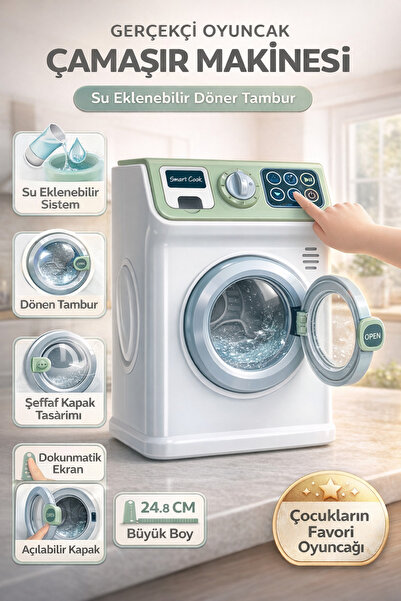TRENDZONE Oyuncak Çamaşır Makinesi 25cm – Su Eklenebilir Döner Tamburlu Dokun...