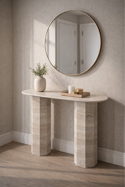 MARIA HOMES طاولة كونسول من الخشب الفاتح والرخام، طاولة مدخل عصرية