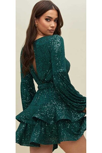 Hanife Glam Couture Hanife Glam uzun kollu Kuşaklı mini etekli prenses elbise