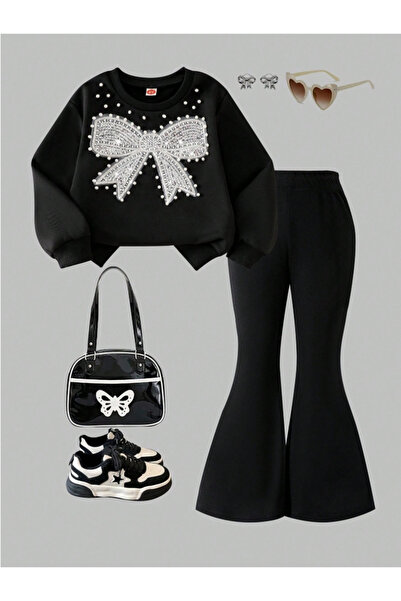 Kids طقم بناتي بتصميم أنيق مع تفاصيل من حجر اللؤلؤ للأعمار من 3 إلى 14 سنة