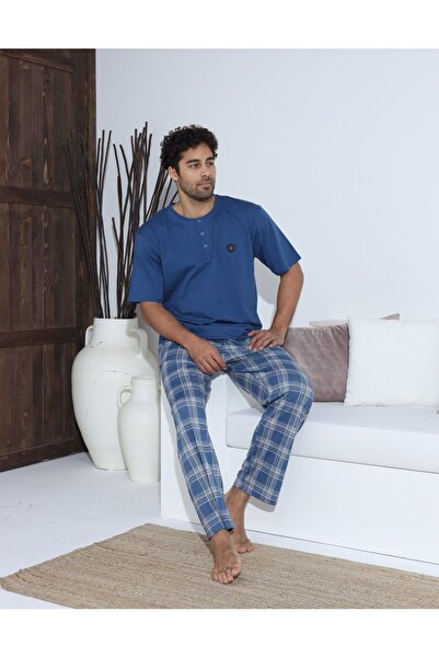GAMZELİRENKLERİM Boyraz Short Sleeves - Long Bottom Men's Pajama Set Combed C...