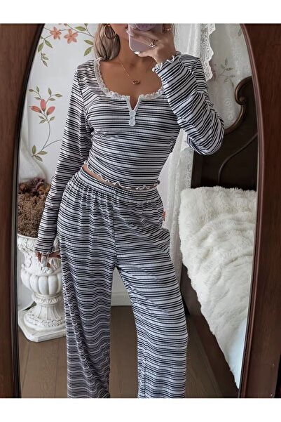 KADİRCE Long Sleeve Long Leg Piece Striped Patterned Pajama Set
