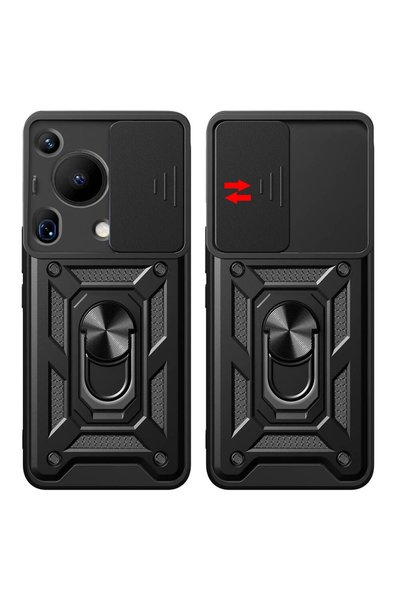 zore Huawei Pura 70 Ultra Compatible Case with Magnetic Stand and Camera Protection Omsy Sliding Vega Cover - Black