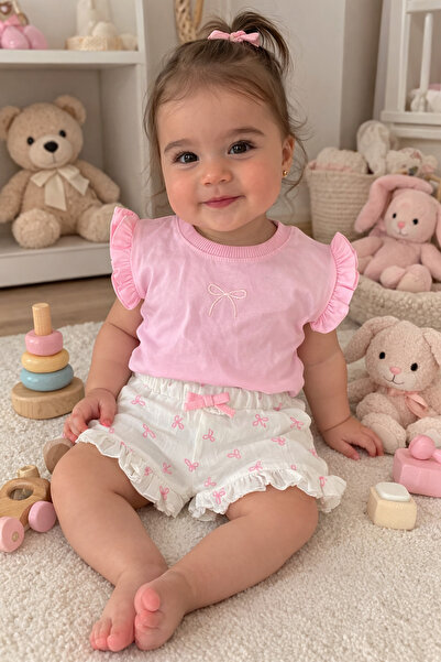 BEBEXO KIDS Kız Bebek Fiyonk Nakışlı Müslin Şort Alt Üst Takım 6-9-12-18 Ay