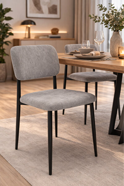 MARIA HOMES Grey Upholstered Dining Chair with Black Metal Legs Modern Dining...