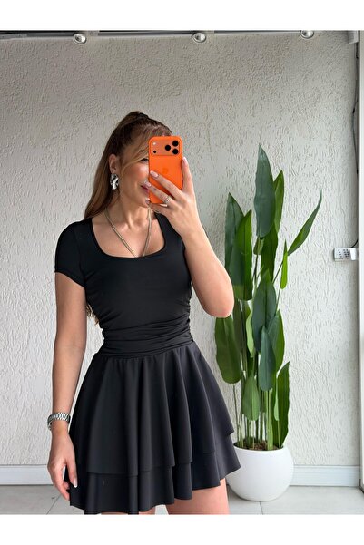 QİMYA BUTİK Buketli̇ Women's Slim Sc Scuba Umaş Skirt Double Layer Square Col...