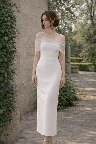 Elorya Bloom Maxi Wedding Dress Off-White, Pearl Detail, Pencil Fit, S Strapl...