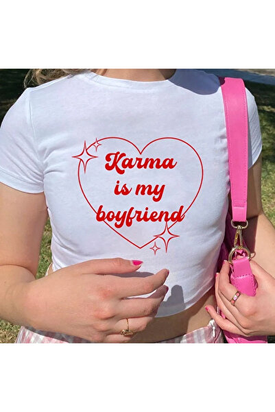 1blood Beyaz Karma İs My Boyfriend B Printed Crop