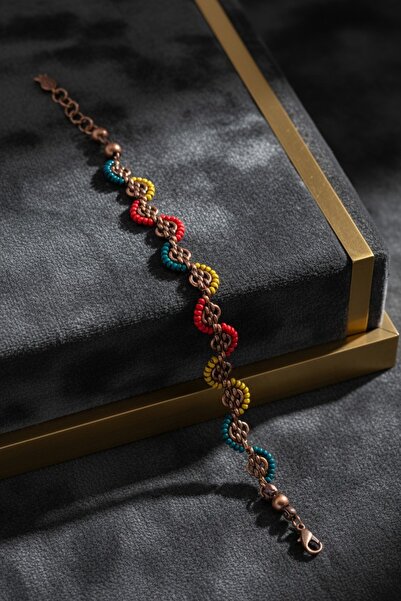 MODAYAŞAR Bakır Rengi Örgü Zincirli Boncuklu Bileklik