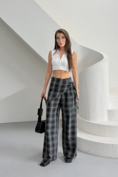 MOZENA Waist Scarf Detailed Plaid Patterns Palazzo Pants