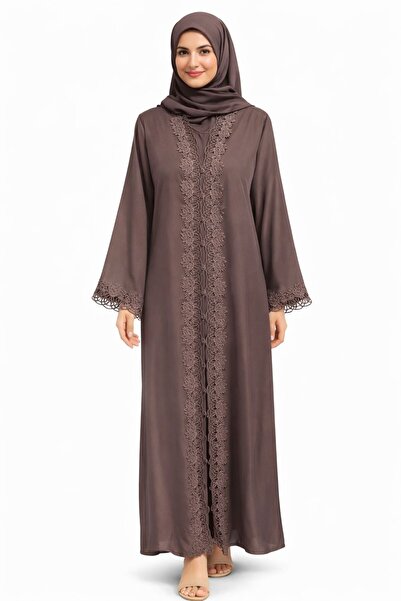 Ophelia Open-Front Abaya with Delicate Floral Lace Embroidery and Trim – Mode...