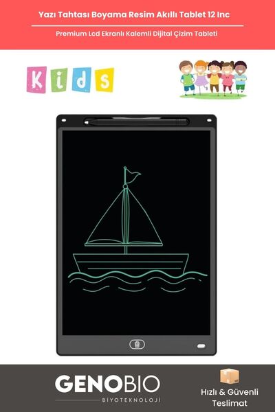 GenoBio Kaliteli 12 İnç LCD Yazı Çizim Tableti Silinebilir Dijital Defter Siy...