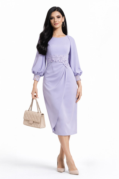 Abad فستان تركي بنفسجي فاتح ميدي مزين بدانتيل على الخصر