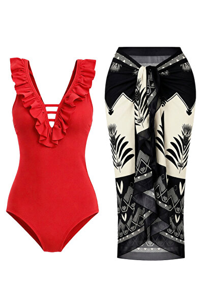 CUPSEA Slimming Effect Red Swimsuit with Ruffles on the Front g Geometric Pat...
