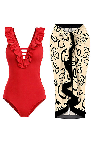 CUPSEA Slimming Effect Red Swimsuit with Ruffles on the Front S Abstract Patt...