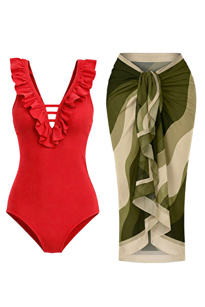 CUPSEA Slimming Effect Red Swimsuit with Ruffles on the Front Wave D Patterne...