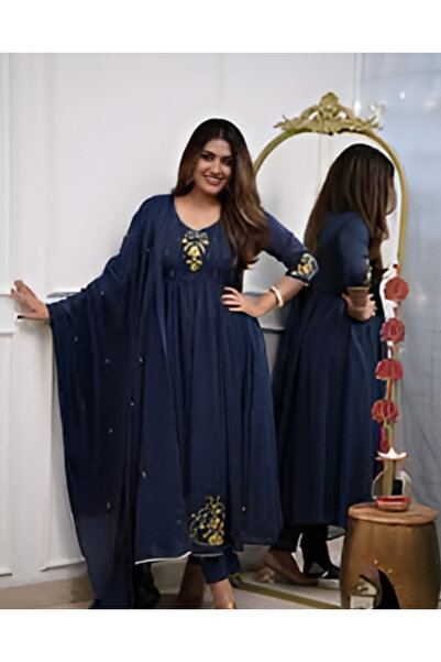 IndHeritage طقم كورتي/سلوار فاخر من قطن الأزرق الداكن مكون من 3 قطع، مزين بنق...