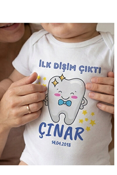 EGGBABY İsme Özel Kişiselleştirilebilir İlk Dişim Çıktı Yazılı Bebek Zıbın %100 Pamuk Body Diş Buğdayı