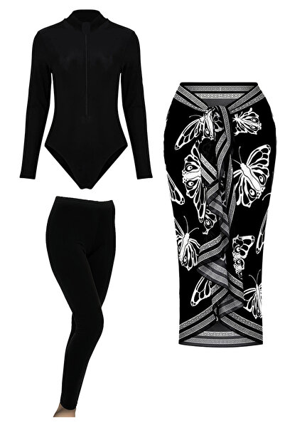 CUPSEA 3-Piece Set Black Long Sleeve Body Swimsuit Lycra Long Leggings Butter...