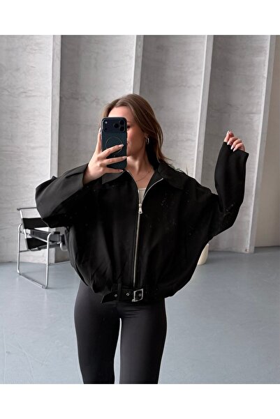 FERZOLAİO Oversized Zippered Black Bomber Jacket