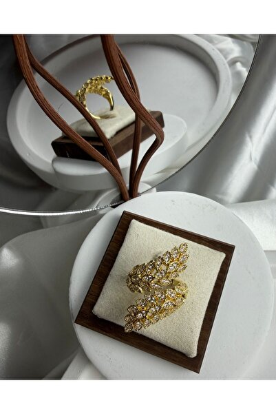 ANKA JEWELLRY YAPRAK DETAY ZİRKON TAŞ GOLD KADIN YÜZÜK