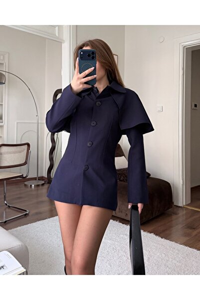 FERZOLAİO Cape Detailed Navy Blue Jacket Dress