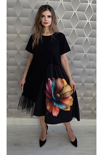 styleFlex Rochie damă din bumbac elastic, cu imprimeu 3D și terminație din tulle