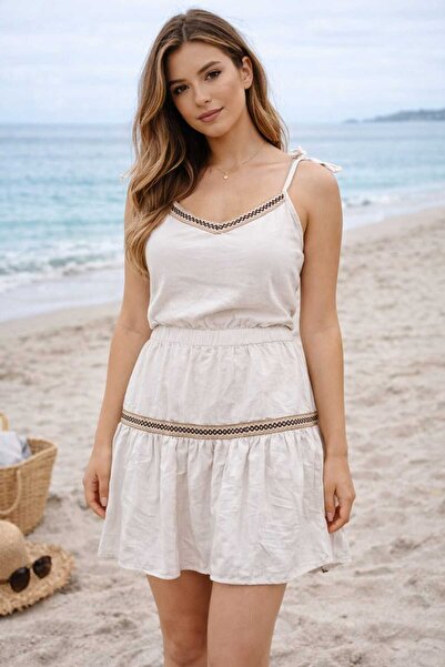 MUEV Ethnic Embroidered Bohemian Mini Dress - Summer Strappy Tie-Detail Ruffl...