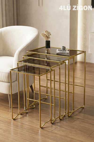 FAYMEND ENZA 4 lü Zigon Sehpa 'Krom Kaplama' Metal Sehpa - Cam Sehpa ' ALTIN ...