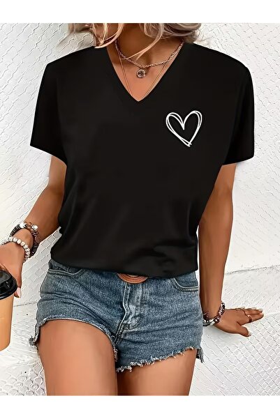 WOODROFFE Tricou de damă cu decolteu în V Minimal Heart cu imprimeu Negru/Alb...