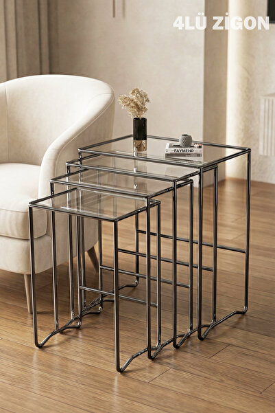 FAYMEND ENZA 4 lü Zigon Sehpa 'Krom Kaplama' Metal Sehpa - Cam Sehpa 'FÜME - ...