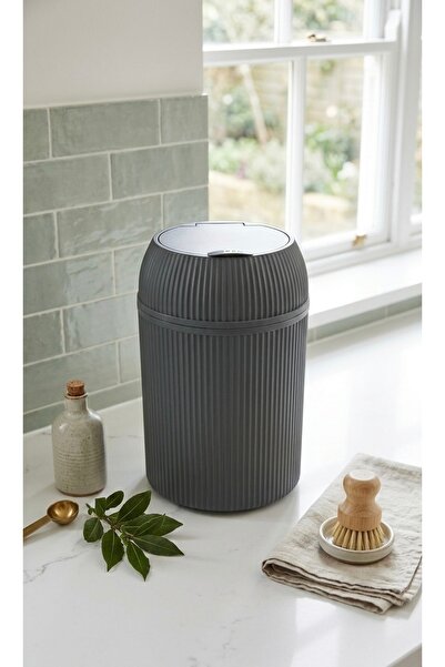 Line Gri Çizgili Yuvarlak Çöp Kovası 6 Litre Banyo Mutfak Çöp Kutusu