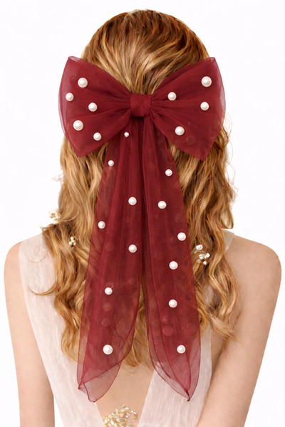 SUNEH Κλιπ μαλλιών με πέρλες και βυσσινί φιόγκο με διακοσμητική πόρπη