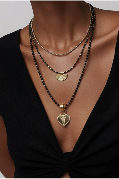 SLNSTYLE Siyah boncuklu gold detay dorika kristal boncuk üçlü kolye