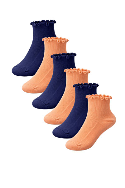 Hakan Collezione 6 Pieces Mixed Navy Blue & Orange Women's Cotton Pack Socks