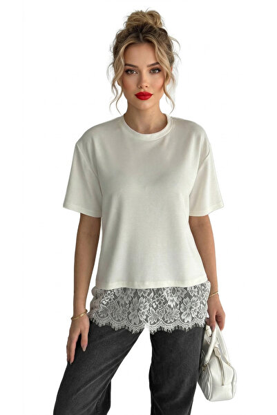 Matcha Butik Kadın Beyaz Dantel Detaylı Basic T-shirt