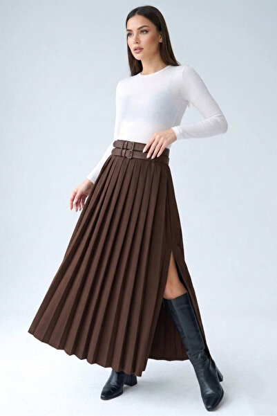 Safgiyim44 Double Belt Piece Pleated Long Skirt