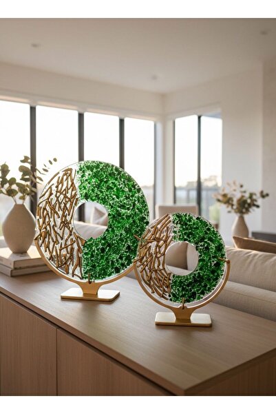 Home Füzyon Cam Dekor GOLD/YEŞİL 2’li Set - Crumbles Disk - Ofis/ Ev Hediye