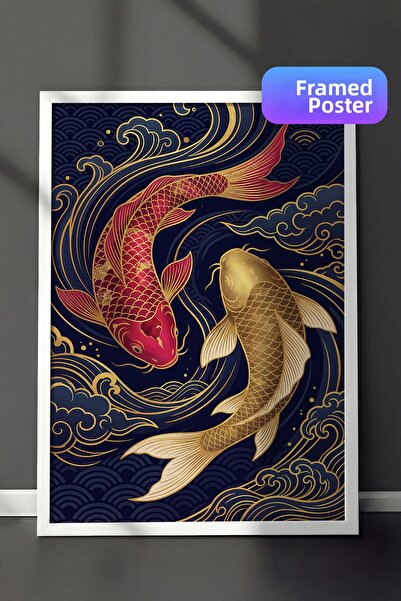 Zestia Ζωγραφική τοίχου με λευκό πλαίσιο Χρυσό Koi Splendor σε μπλε τη νύχτα ...