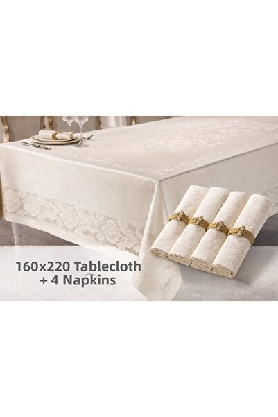 Tekstil Marketi Jumbo 160X220 White Tablecloth + 4 Napkin Set – Wipeable, Sta...