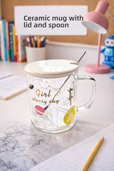 Two Two Ceramic Cup with Lid and Spoon, Girl Sky Written on It – 360ml Heat R...