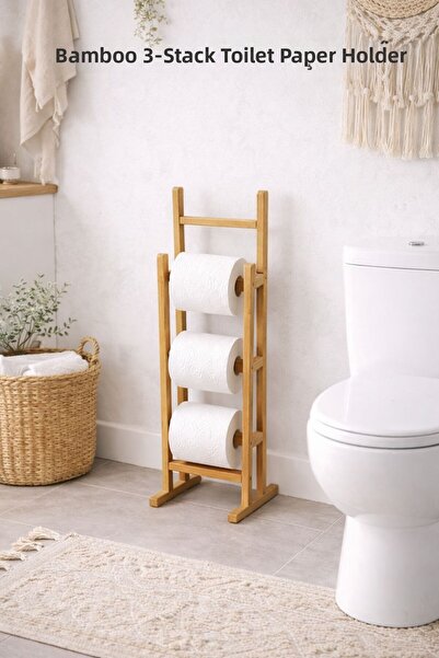 KARTEYA حامل مناديل ورقية من البامبو بثلاث طبقات مع حامل ورق التواليت