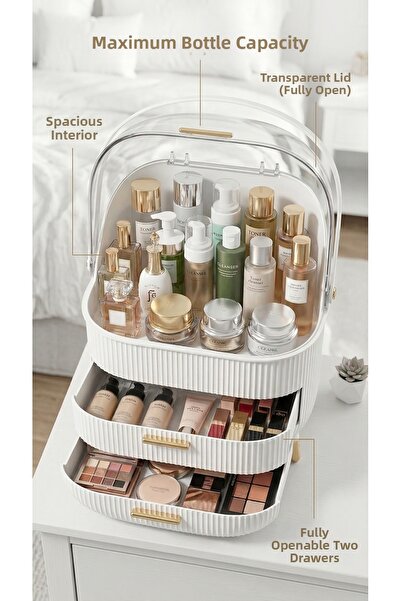 MAKRİ HOME Organizator de machiaj cu capac de culoare cremă – 3 niveluri, cu ...