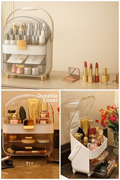 MAKRİ HOME منظم مكياج ومجوهرات بثلاث طبقات مع غطاء شفاف غير قابل للكسر، مع در...