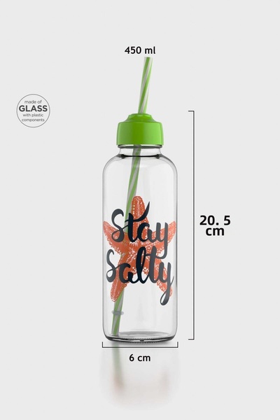 Renga Felix Stay Salty Patterned 450 ml Glass Bottle with Straw 182055 Green
