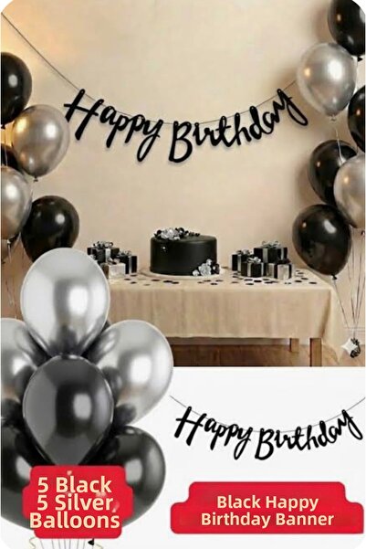 Çemrek Süs Parti Black Happy Birthday Lettering and Balloon Set 11 Pieces