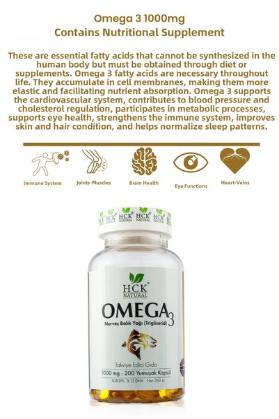 HCK NATURAL Omega 3 1000Mg Fish Oil Containing Food Supplement 200 Soft Capsules